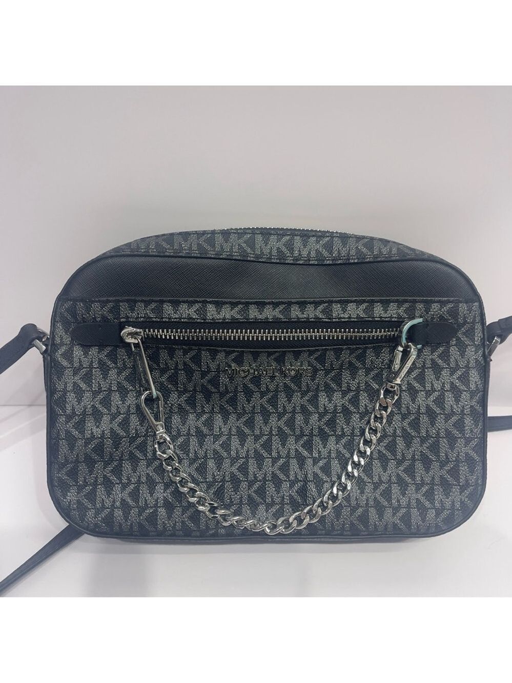 Michael Kors Chain Crossbody With Matching Wallet Set Silver Black Metallic Logo - Picture 9 of 10
